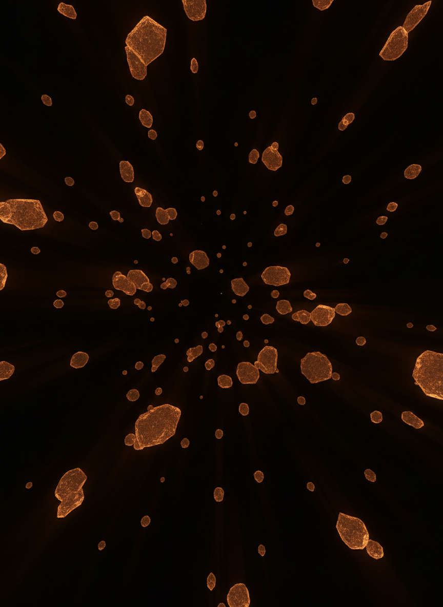 Calcined clay particles glowing under extreme heat, crystalline geometric fragments in a pressurized void