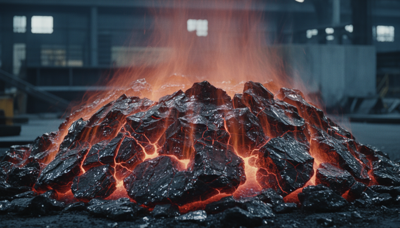 Heat waves shimmering over raw metal slag with obsidian glass textures